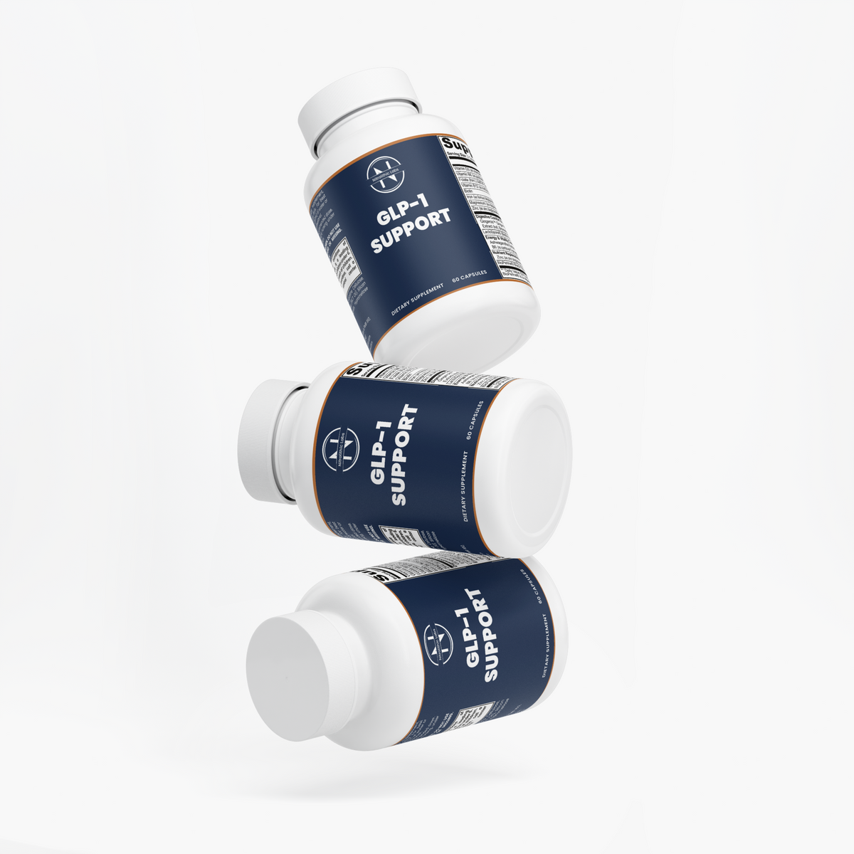 Three GLP-1 Support bottles stacked on white background