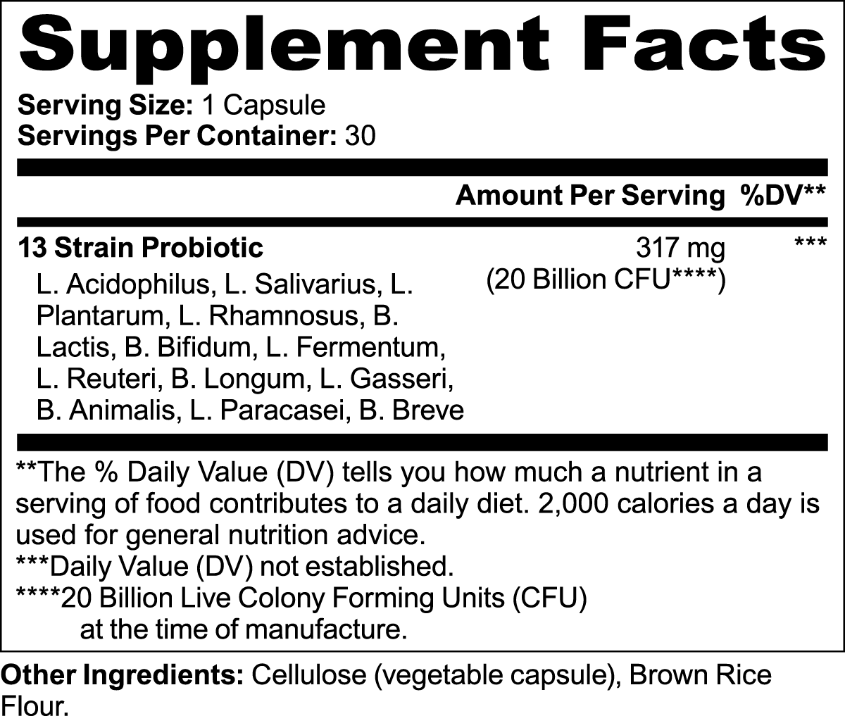 Nitrolithic Labs | Gutriva20 Probiotic | 20 Billion CFU | 30 Caps | Digestive & Immune Support Supplement Facts panel