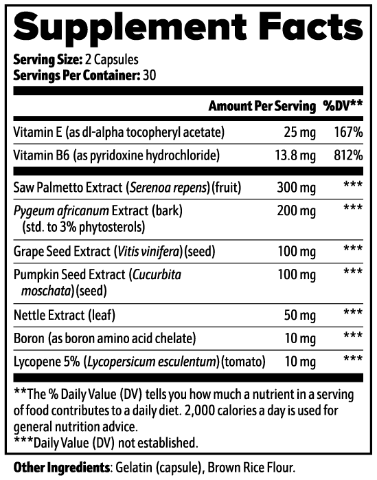 ProstaVitality Premium Prostate Support Supplement Facts panel