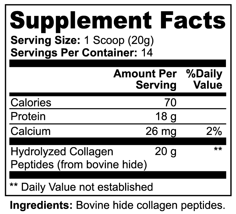 Grass-Fed Hydrolyzed Collagen Peptides Supplement Facts panel