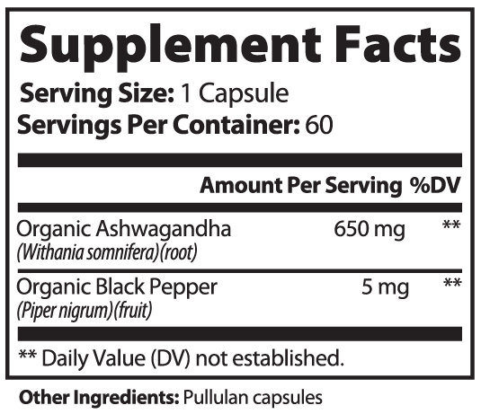 Ashwagandha with Black Pepper Supplement Facts panel