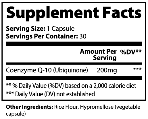 CoQ10 Ubiquinone Supplement Facts panel